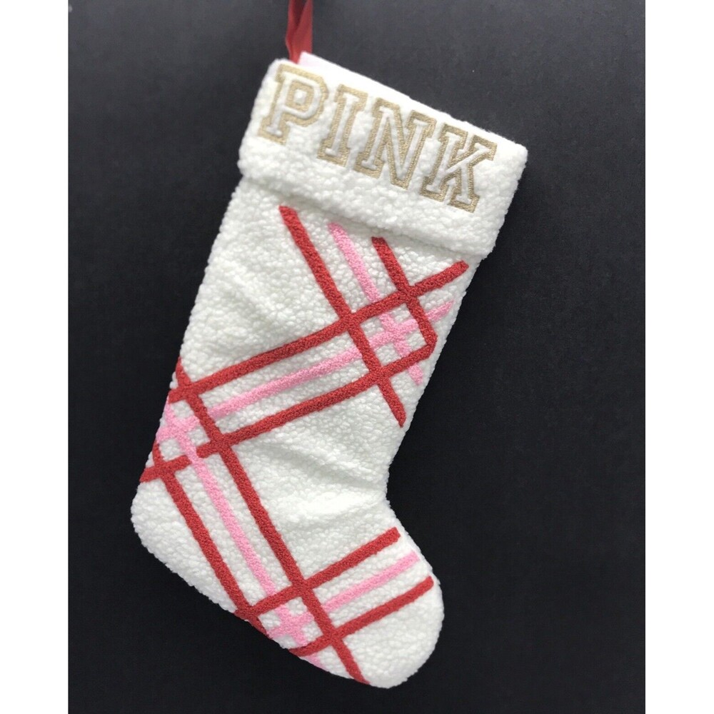 Victoria's Secret Pink Sherpa Striped Holiday Stocking Pink Red Logo Christmas
